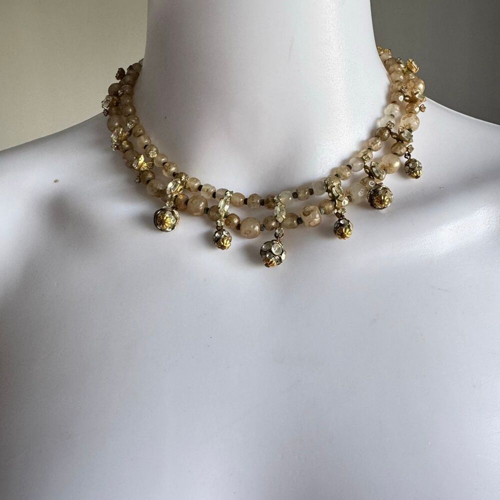 Vintage 1950s Sugar Glass Bead Choker Necklace Filigree Rhinestone Whimsigoth